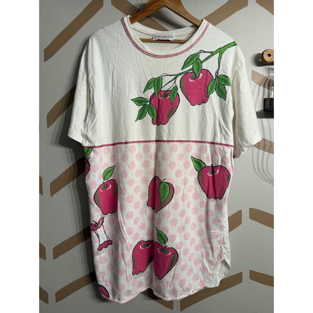 Inner World Sleep Shirt Womens OS White Pink Apple‎ Polka Dot Vintage Nightgown